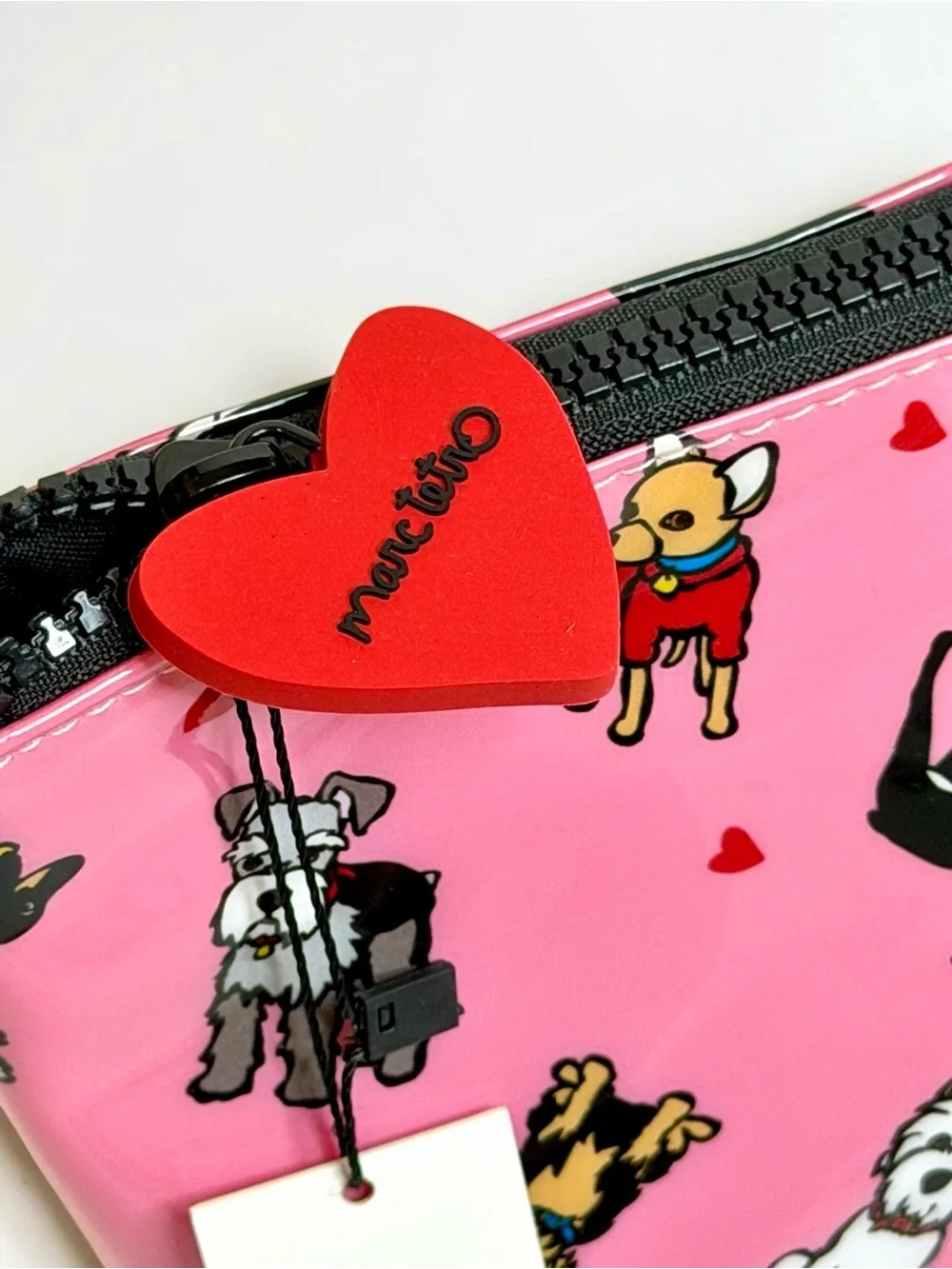 NWT Marc Tetro Pink Patent Multi Dog Print Cosmetic Bag Pouch Heart Zipper Pull
